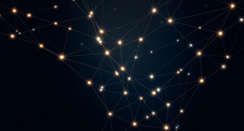 Abstract Human Map system visual in dark gold and blue tones